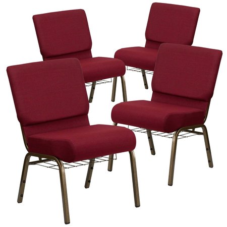 FLASH FURNITURE 21"W Church Chair in Burgundy Fabric w/ Book Rack, 4PK 4-FD-CH0221-4-GV-3169-BAS-GG